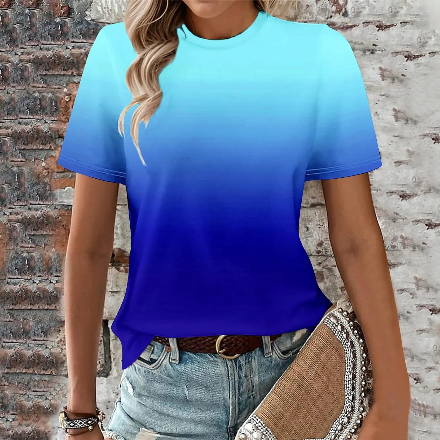 Womens Ombre Color Summer Tops Short Sleeve Tee Shirts Dressy Causal Cute Tshirts Trendy Vacation Clothes