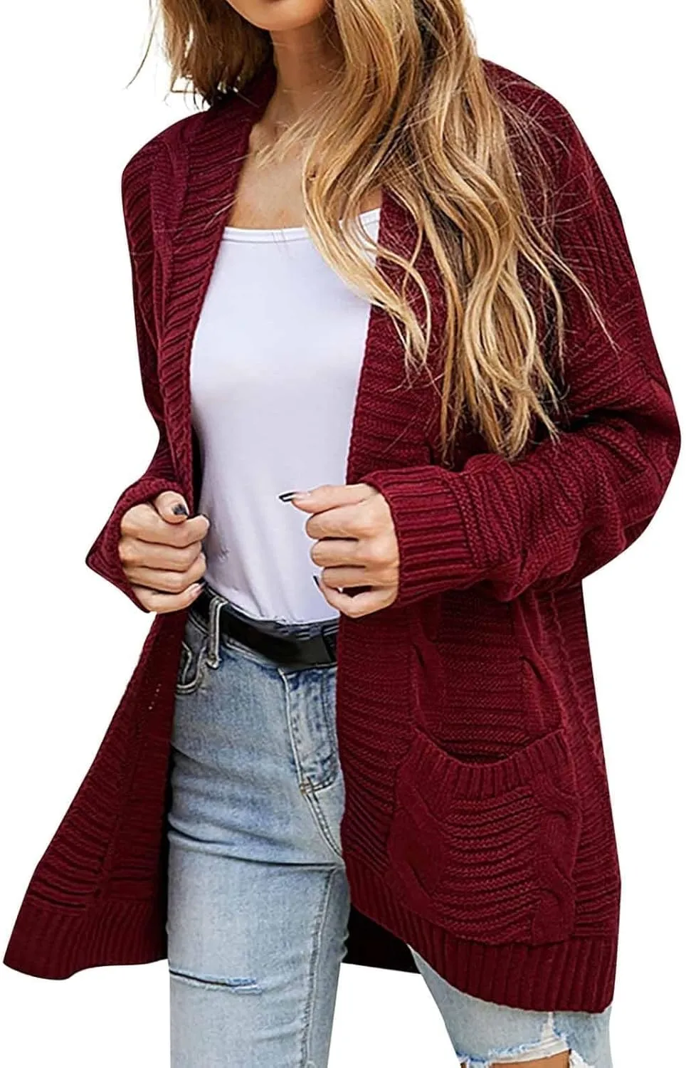 Womens Open Front Cardigan Sweater Fall Cable Knit Chunky Outerwear with Pockets Casual Long Sleeve Lightweight Coat