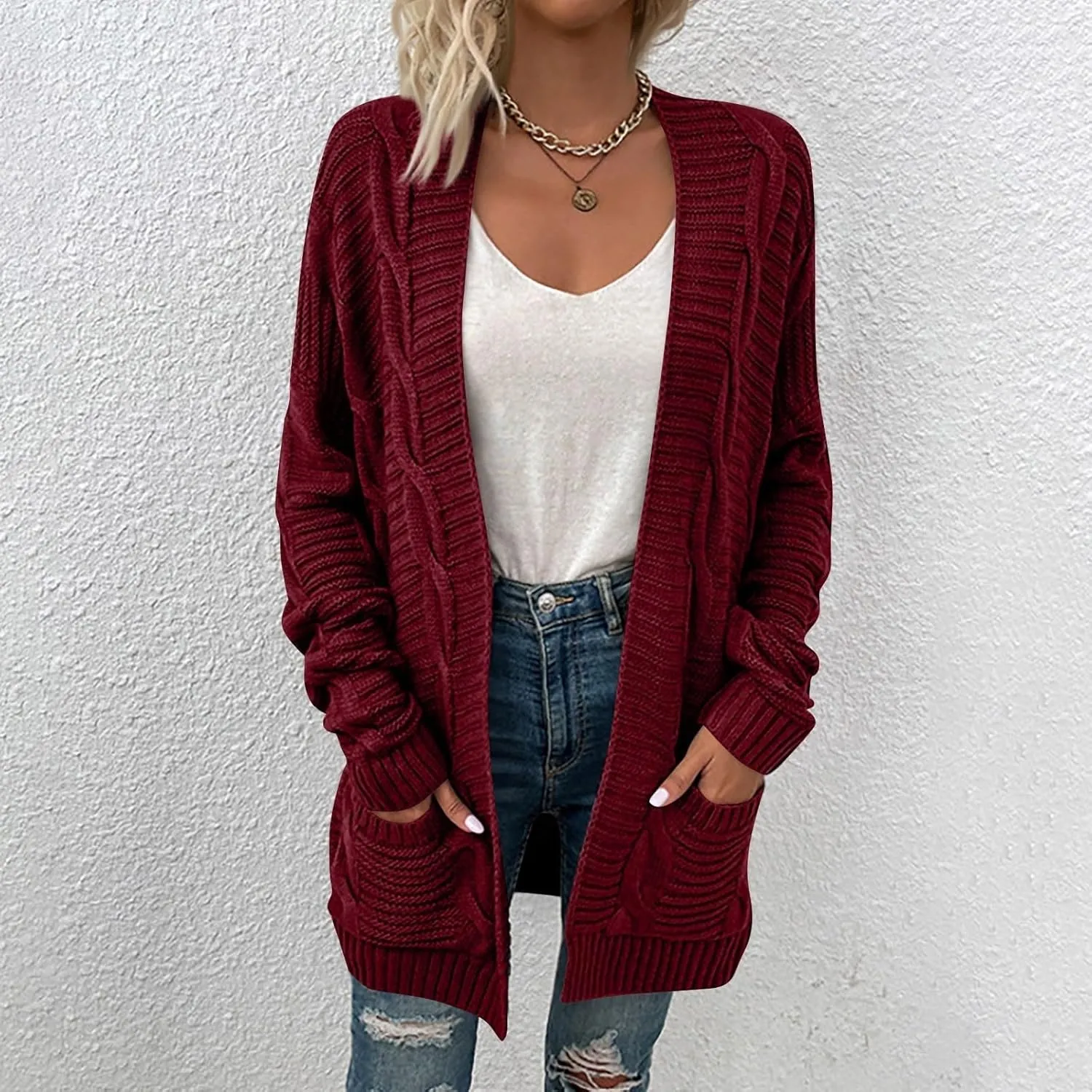 Womens Open Front Cardigan Sweater Fall Cable Knit Chunky Outerwear with Pockets Casual Long Sleeve Lightweight Coat