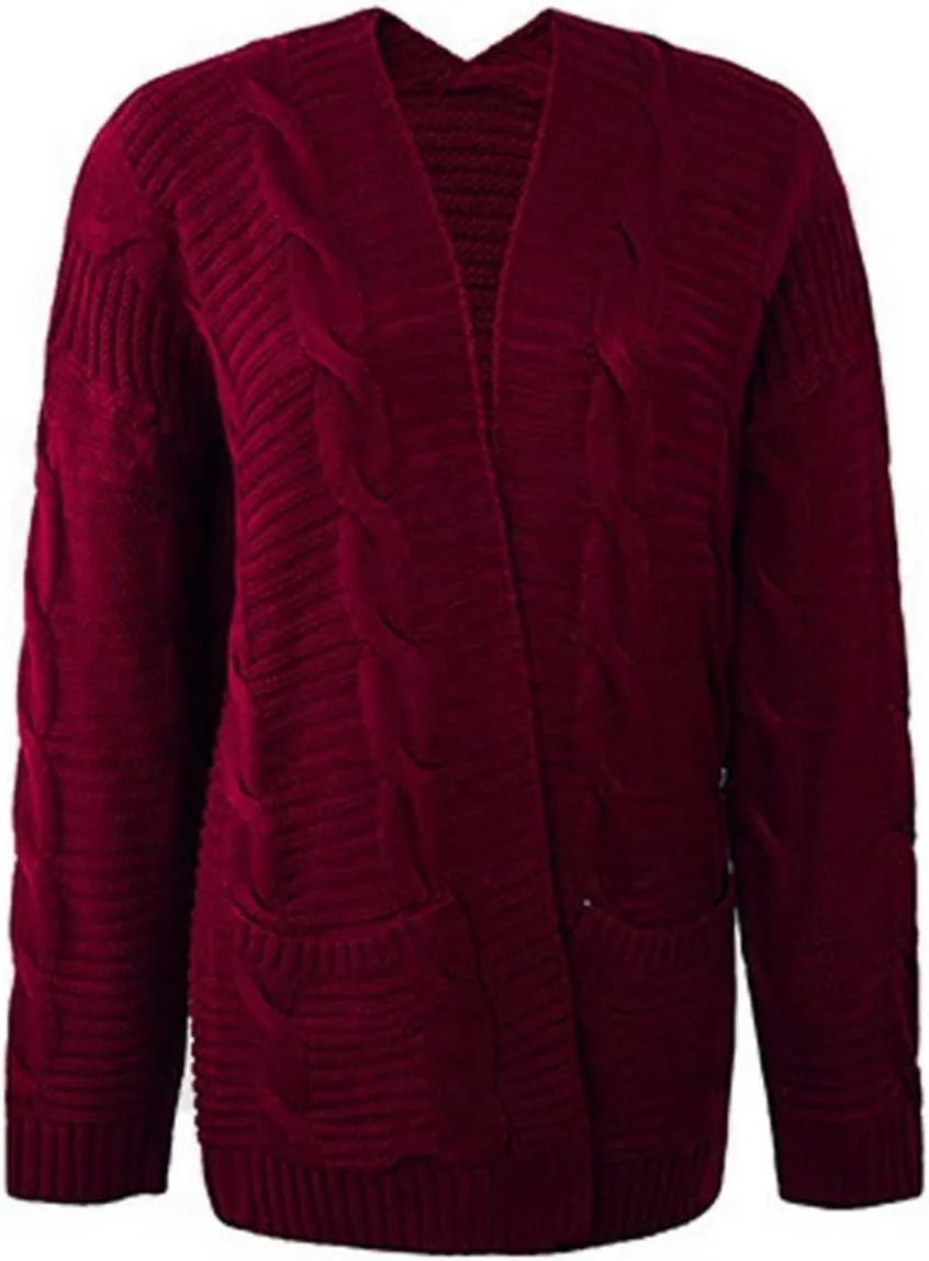 Womens Open Front Cardigan Sweater Fall Cable Knit Chunky Outerwear with Pockets Casual Long Sleeve Lightweight Coat