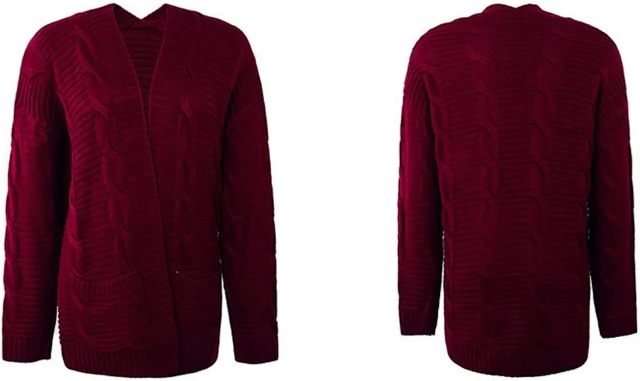 Womens Open Front Cardigan Sweater Fall Cable Knit Chunky Outerwear with Pockets Casual Long Sleeve Lightweight Coat