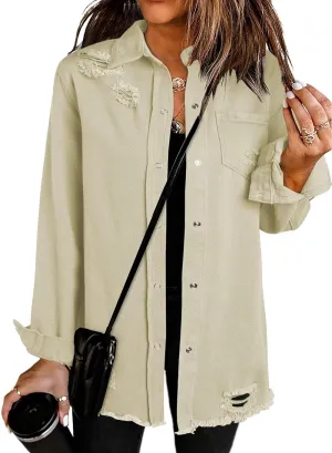 Women's Oversized Denim Jacket Casual Long Boyfriend Distresse Jean Jacket Autumn Spring