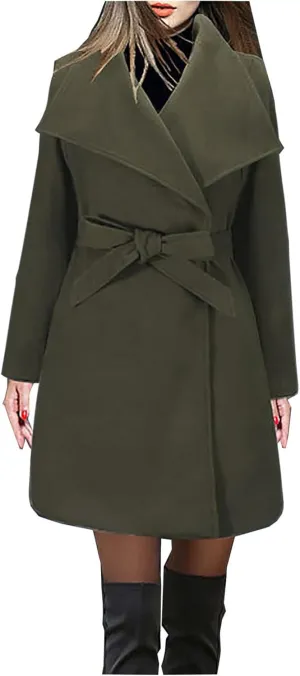 Womens Oversized Long Trench Coat Double Breasted Notch Lapel Wool Blend Coats Windproof Jackets Overcoat with Belt