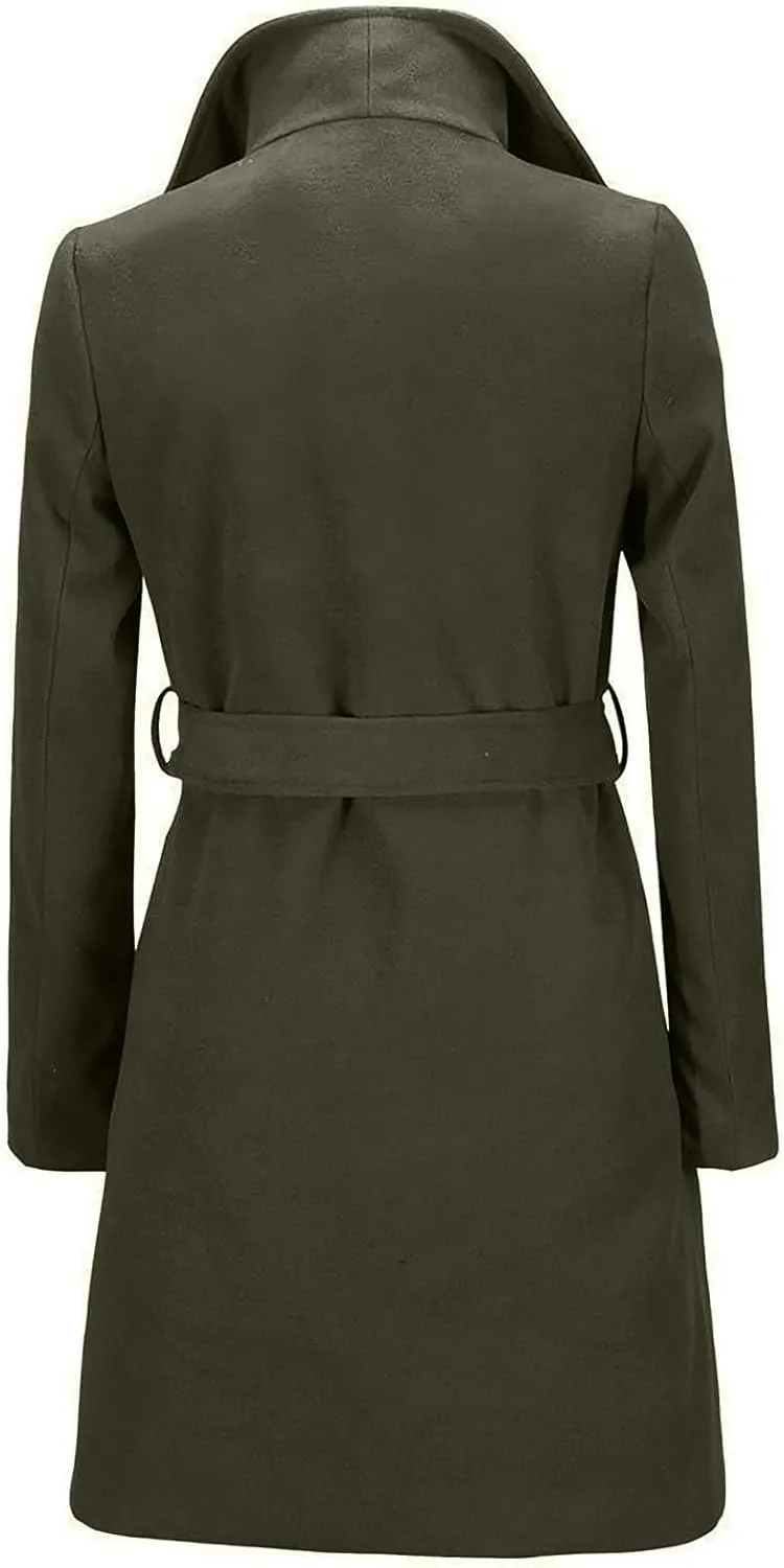 Womens Oversized Long Trench Coat Double Breasted Notch Lapel Wool Blend Coats Windproof Jackets Overcoat with Belt