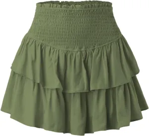 Womens Pleated Mini Skirt Casual A-line Ruffle Tiered Skirt Flowy Swing Basic Versatile Stretchy Casual Beach Short Skirt
