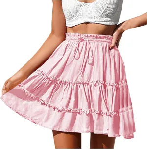 Womens Pleated Mini Skirts High Waist Drawstring Summer Beach Vacation Skirt Solid Color A-Line Flowy Short Skirt