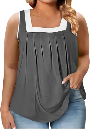Women's Plus Size Pleated Tank Tops Colorblock Square Neck Blouse Casual Dressy Comfy Summer Loose Sleeveless Shirts