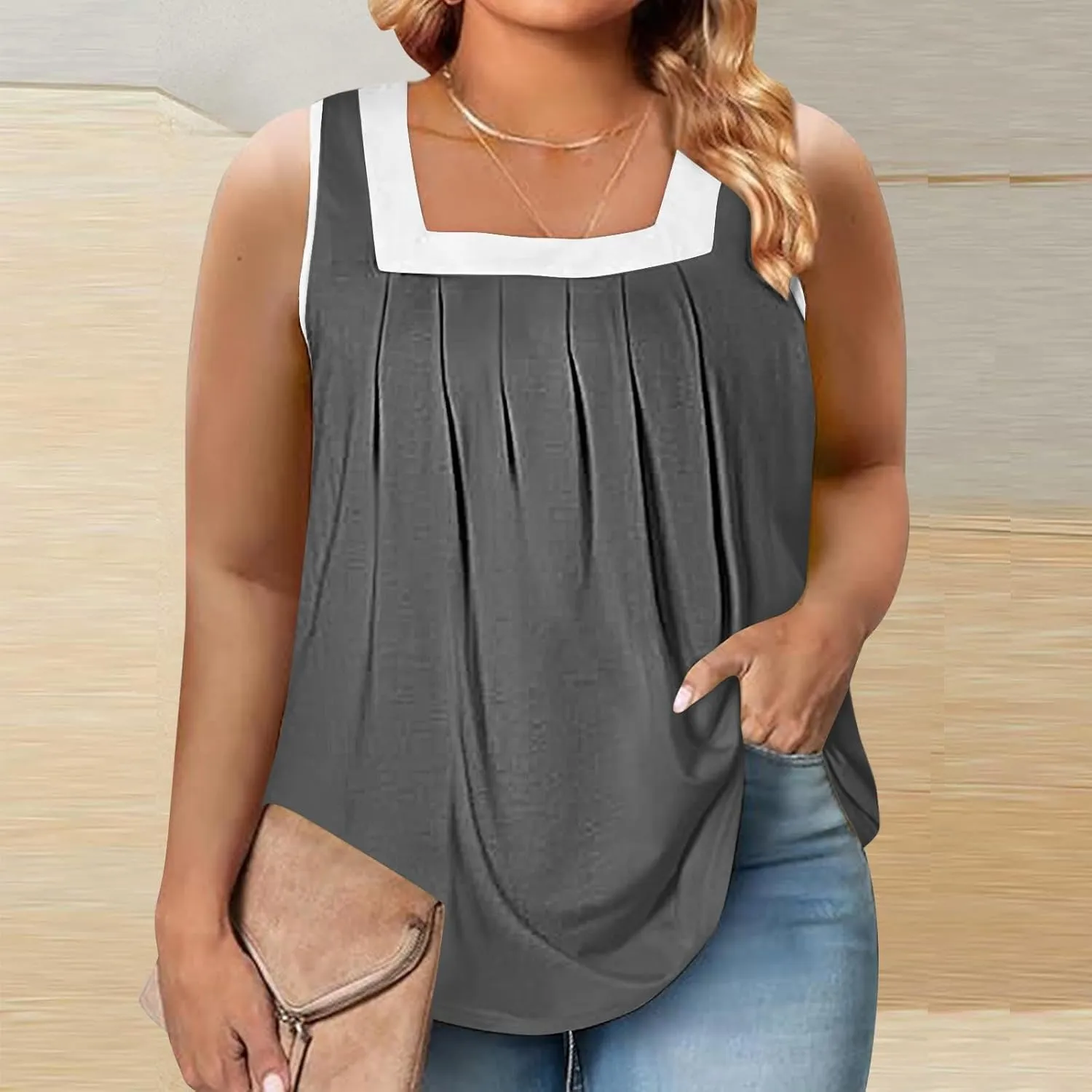 Women's Plus Size Pleated Tank Tops Colorblock Square Neck Blouse Casual Dressy Comfy Summer Loose Sleeveless Shirts