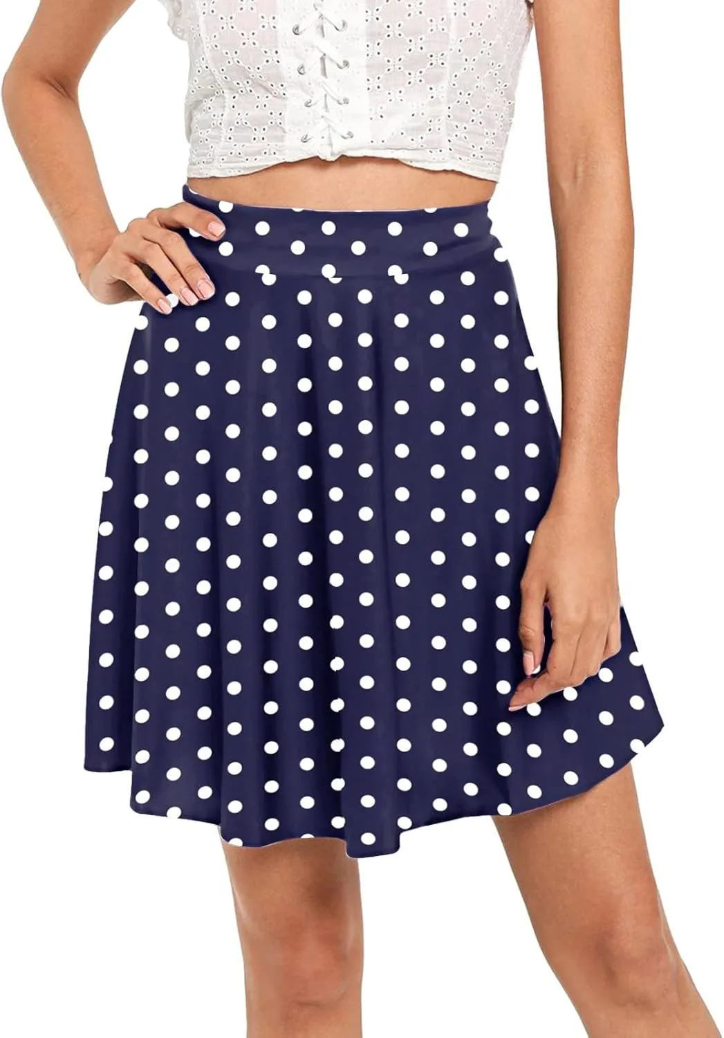 Women's Polka Dot Mini Skirts Casual Elastic High Waisted A-Line Pleated Short Skirt Summer Lightweight Casual Flared Skirts