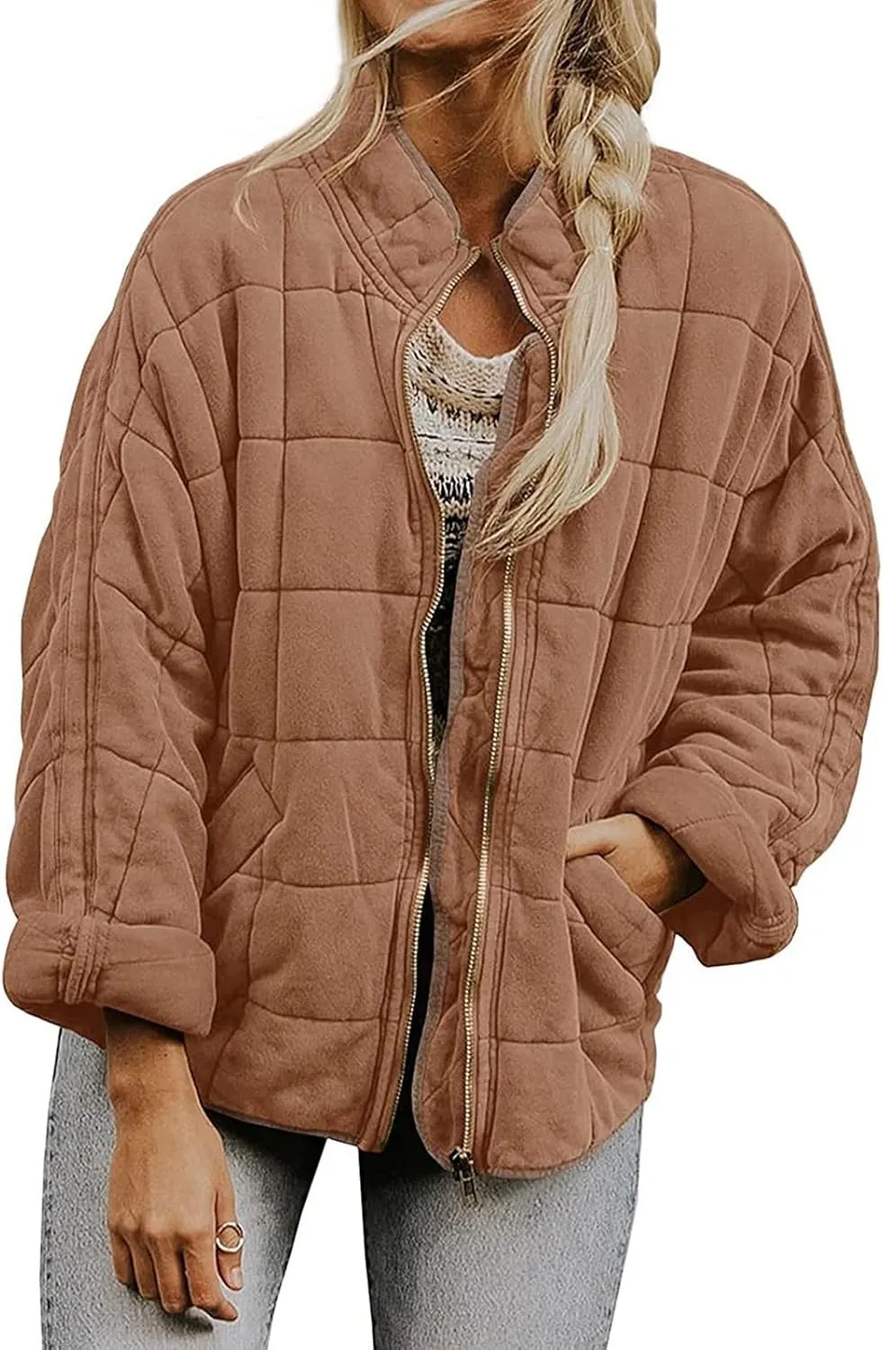 Womens Quilted Jackets Zip Up Puffer Jackets Lightweight Down Coats Casual Long Sleeve Winter Coats with Pockets