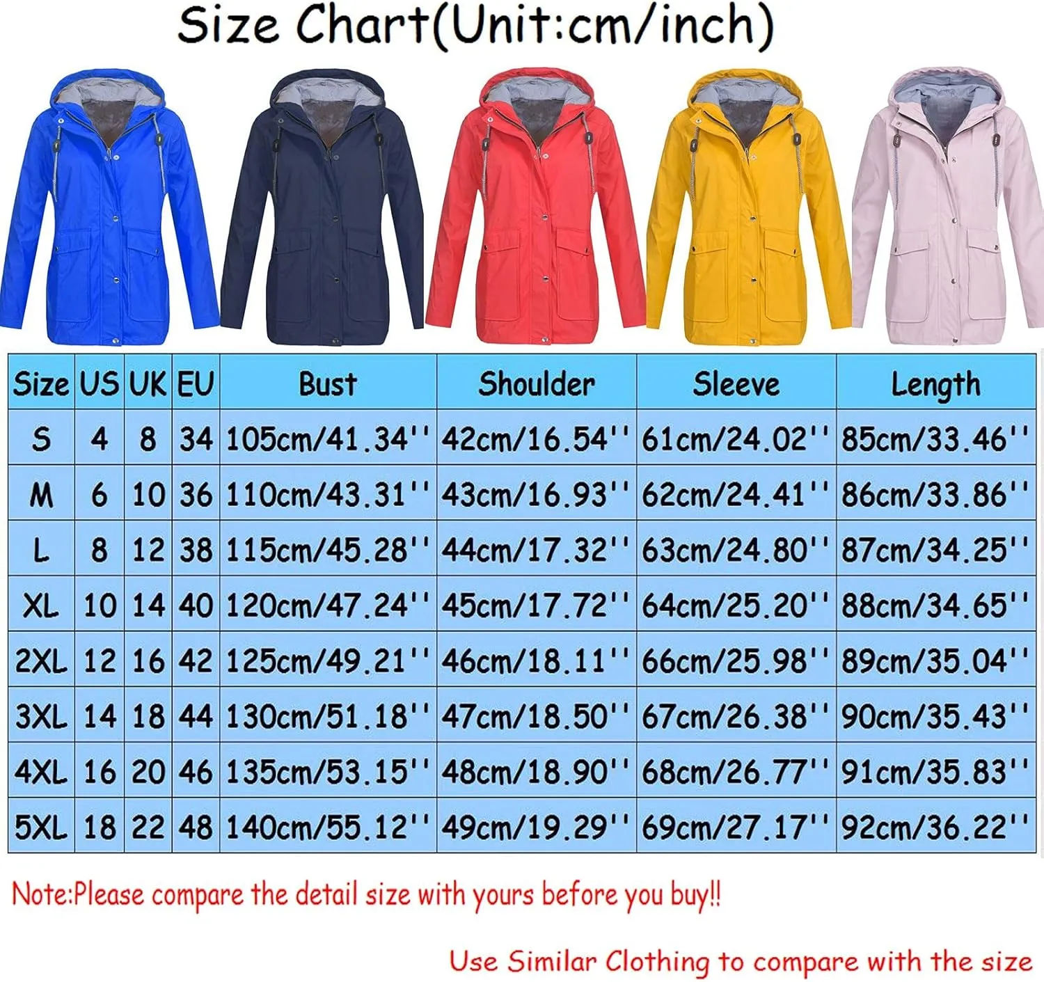 Women's Rain Jacket Lightweight Waterproof Raincoat Outdoor Trench Coat,S-5XL