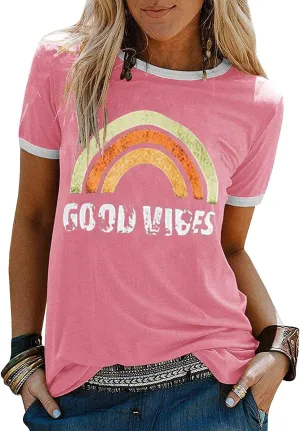 Womens Rainbow Graphic T-Shirts Summer Short Sleeve Crew Neck Blouse Vintage Graphic Tee Tops