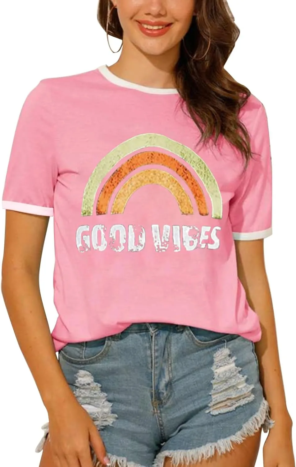 Womens Rainbow Graphic T-Shirts Summer Short Sleeve Crew Neck Blouse Vintage Graphic Tee Tops