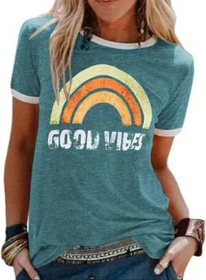 Womens Rainbow Graphic T-Shirts Summer Short Sleeve Crew Neck Blouse Vintage Graphic Tee Tops