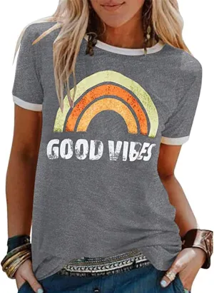 Womens Rainbow Graphic T-Shirts Summer Short Sleeve Crew Neck Blouse Vintage Graphic Tee Tops