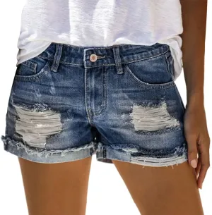 Women's Ripped Denim Shorts Fashionable High Waisted Short Pants Rolled Up Hem Shorts Jeans Summer Stretch Hot Shorts