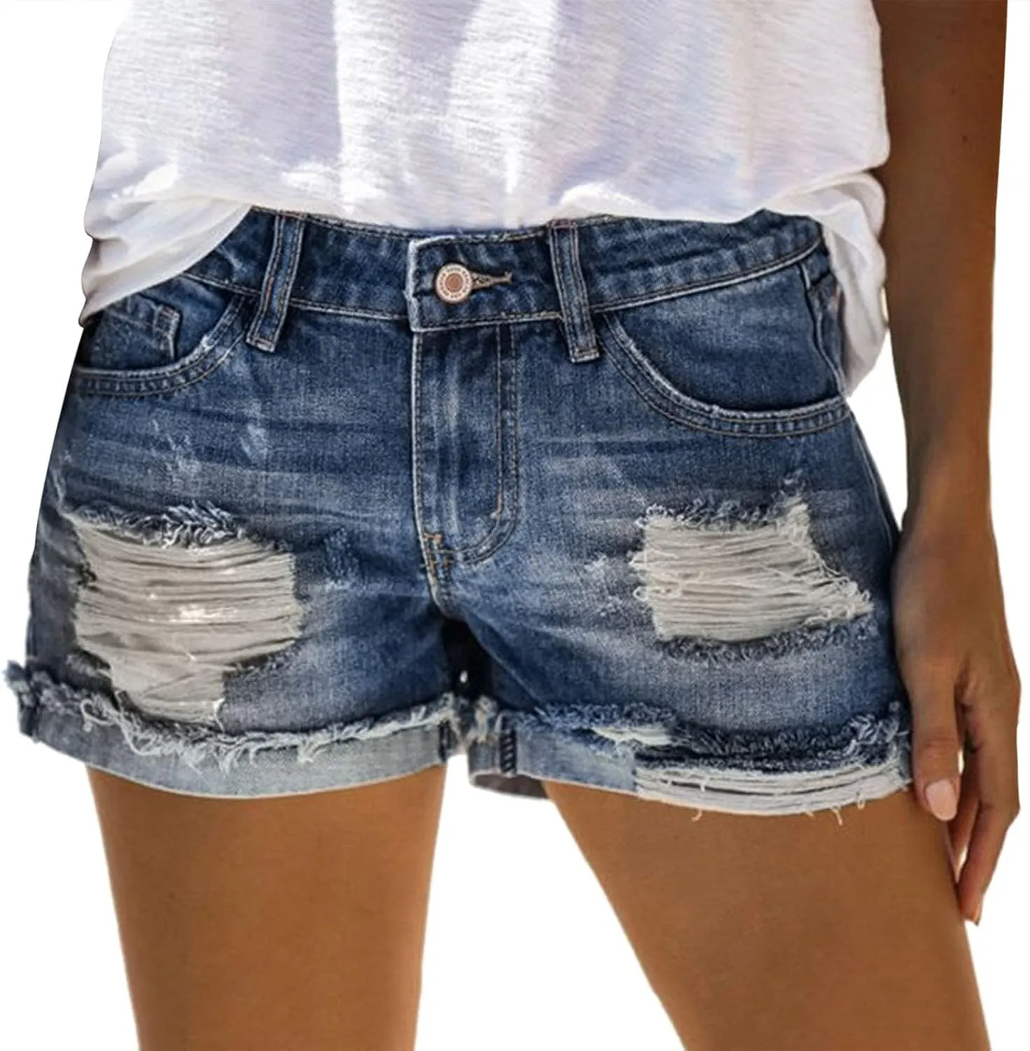 Women's Ripped Denim Shorts Fashionable High Waisted Short Pants Rolled Up Hem Shorts Jeans Summer Stretch Hot Shorts