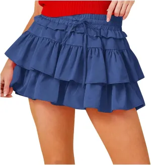 Women's Ruffle Flowy Mini Skirts Stretchy High Waist Lace-Up Solid Color Layered Pleated Casual Beach Short Skirt