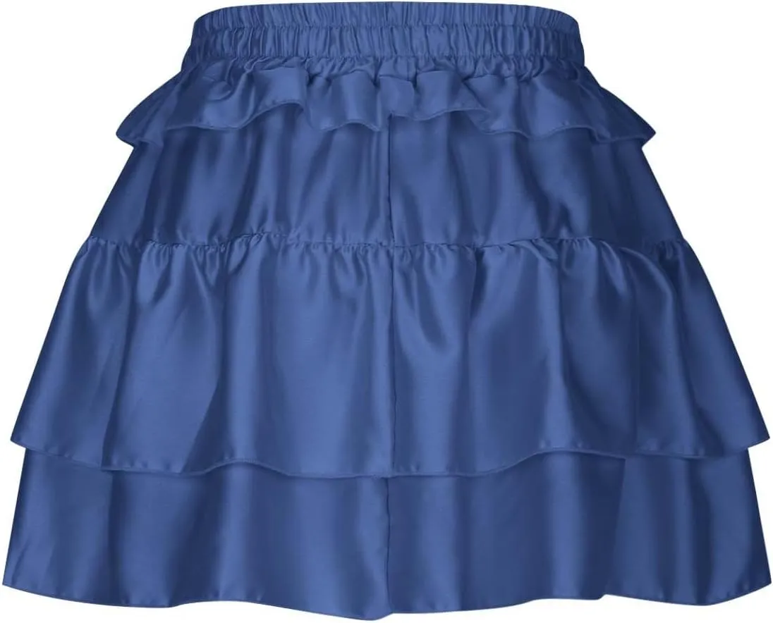 Women's Ruffle Flowy Mini Skirts Stretchy High Waist Lace-Up Solid Color Layered Pleated Casual Beach Short Skirt