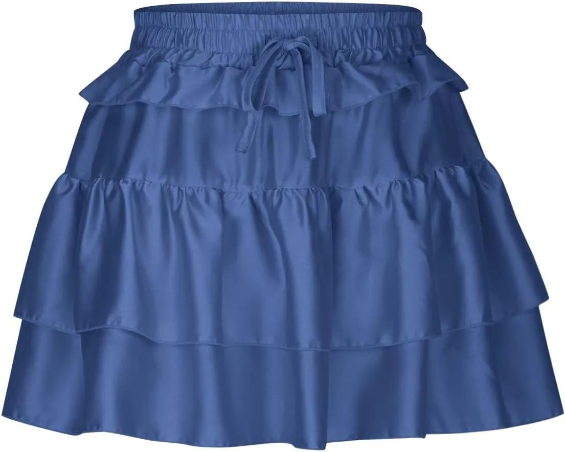 Women's Ruffle Flowy Mini Skirts Stretchy High Waist Lace-Up Solid Color Layered Pleated Casual Beach Short Skirt