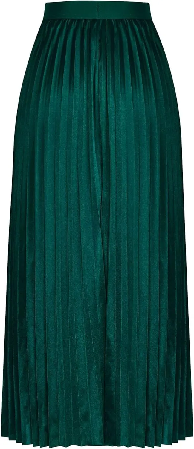 Womens Satin Flowy Swing Skirt Casual Plus Size Silk Pleated Long Skirts Comfy High Waist Pleated Maxi Skirt
