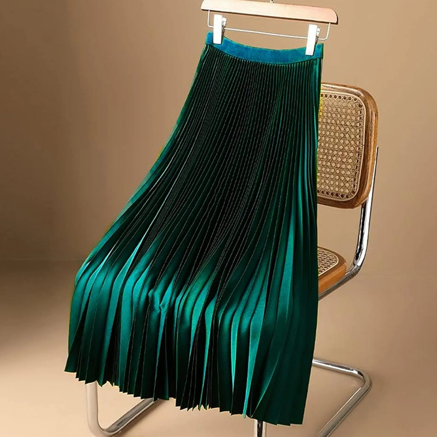 Womens Satin Flowy Swing Skirt Casual Plus Size Silk Pleated Long Skirts Comfy High Waist Pleated Maxi Skirt