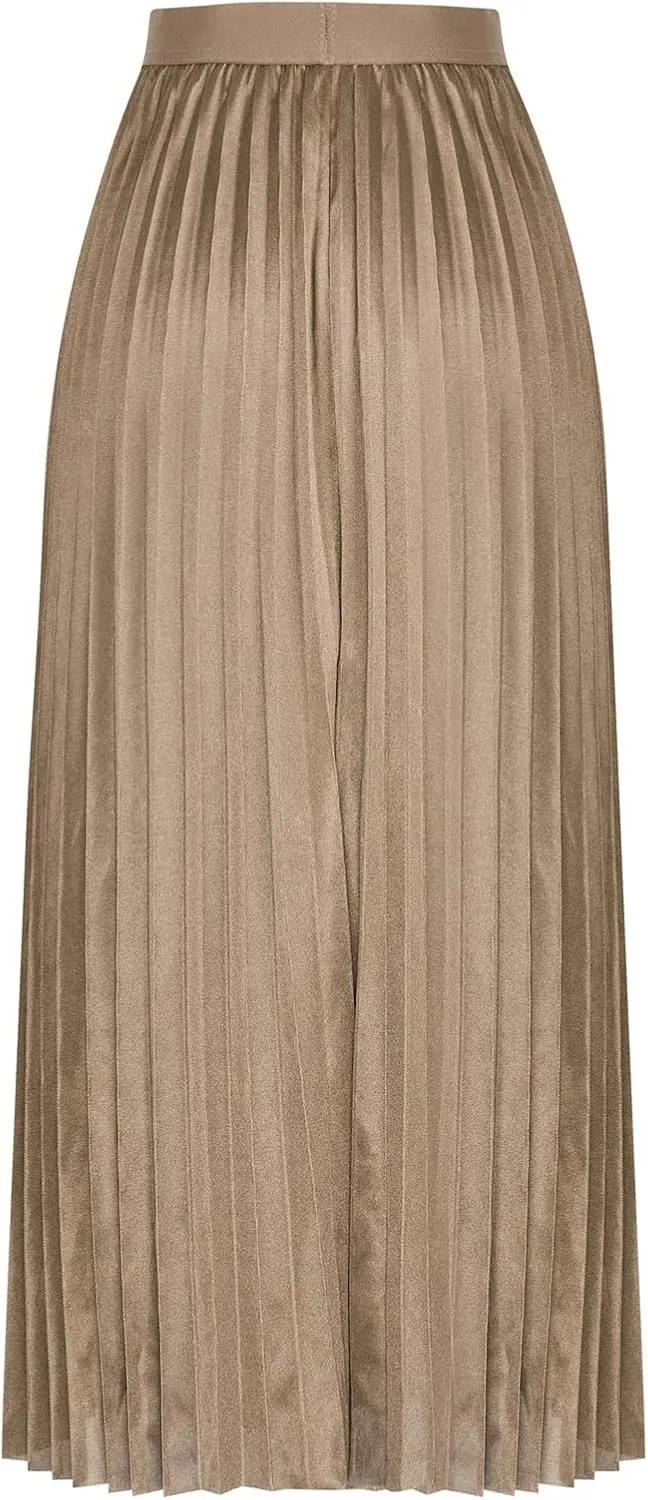 Womens Satin Flowy Swing Skirt Casual Plus Size Silk Pleated Long Skirts Comfy High Waist Pleated Maxi Skirt
