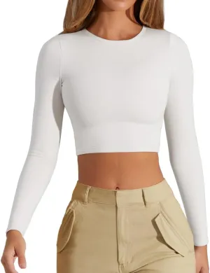 Women's Sexy Crew Neck Crop Top Long Sleeve Basic Fitted Tight Cropped T Shirts