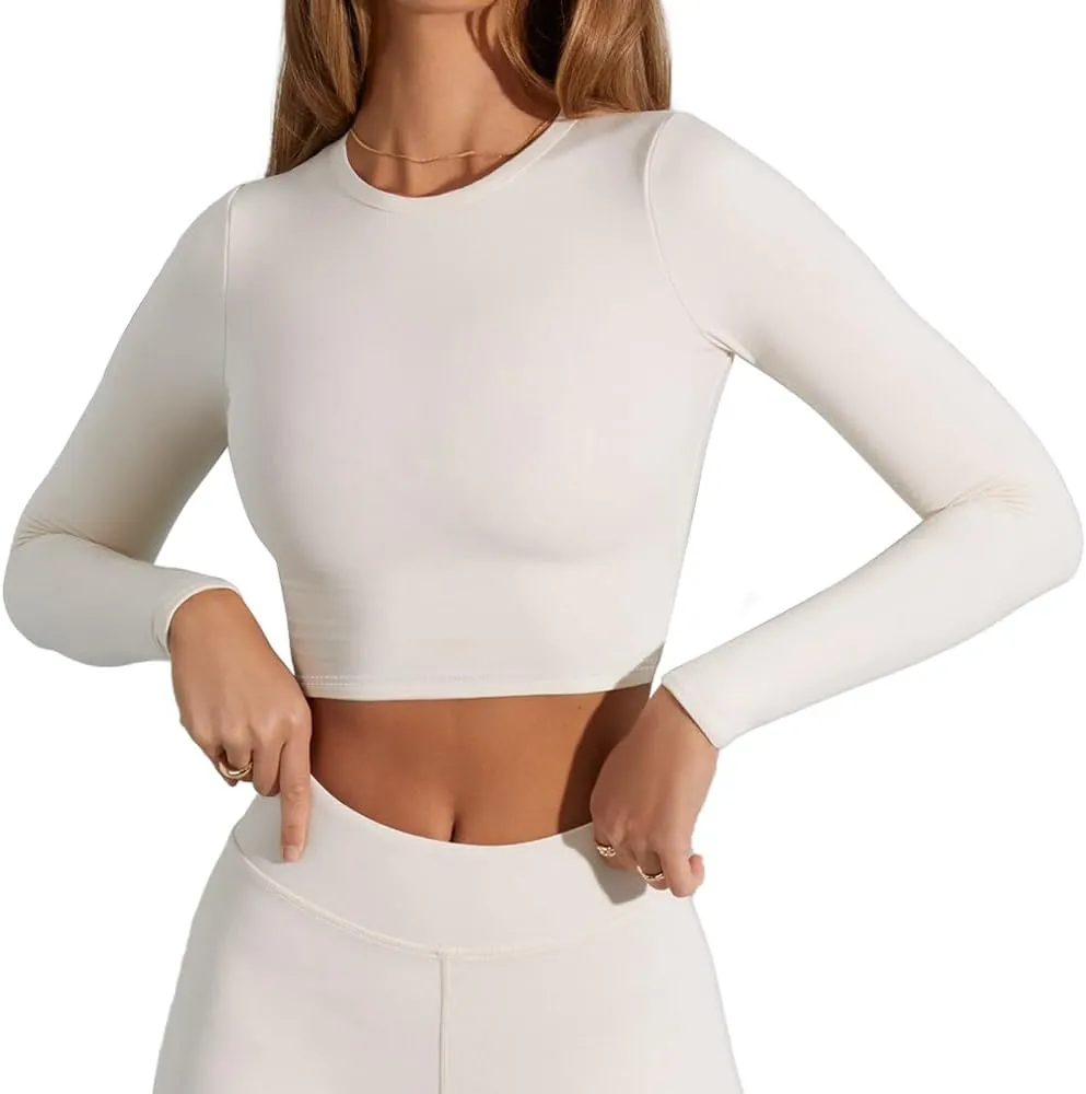Women's Sexy Crew Neck Crop Top Long Sleeve Basic Fitted Tight Cropped T Shirts