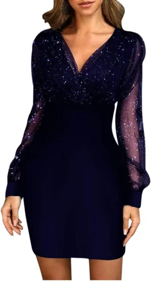 Women's Sexy Elegant Trendy Long Sleeve V-Neck Sequin Lace Mesh Midi Cocktail Party Dresses, S-2XL