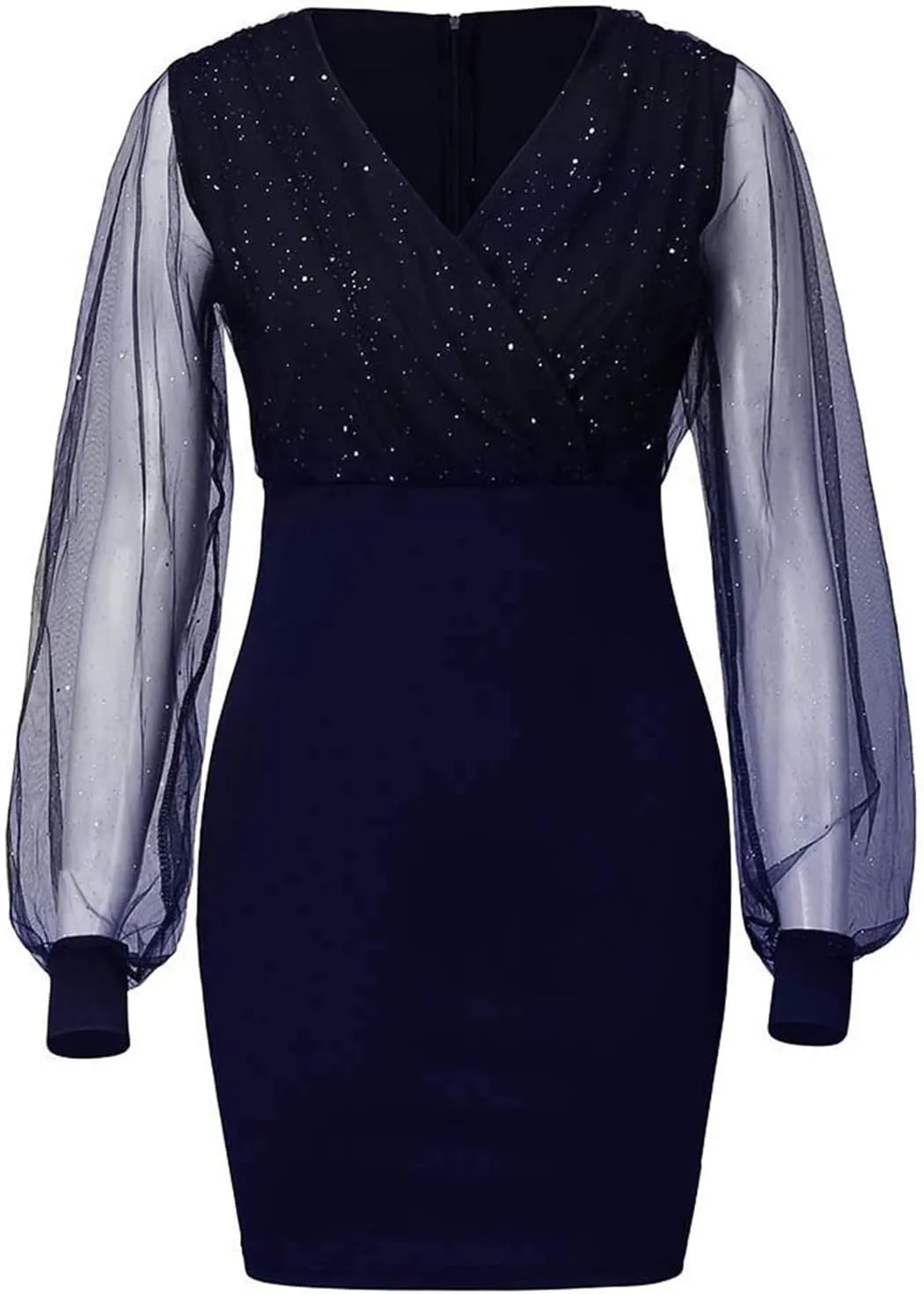 Women's Sexy Elegant Trendy Long Sleeve V-Neck Sequin Lace Mesh Midi Cocktail Party Dresses, S-2XL