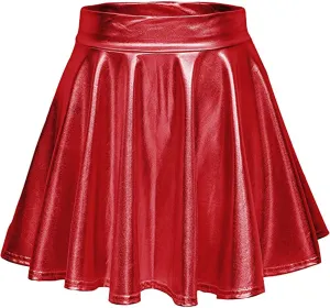 Women's Shiny Flared Pleated Mini Skater Skirt High Waist Dancing Skirt Pleated Skirt Cute