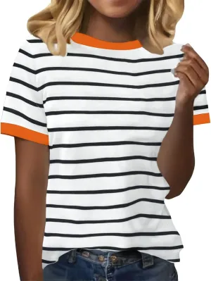 Womens Short Sleeve Summer T Shirt Crew Neck Basic Color Block Tee Tops 2025 Causal Loose Fit Shirts