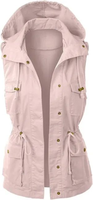 Womens Sleeveless Hooded Vest Anorak Cargo Utility Travel Vacation Military Snap Fashion Vests Pockets