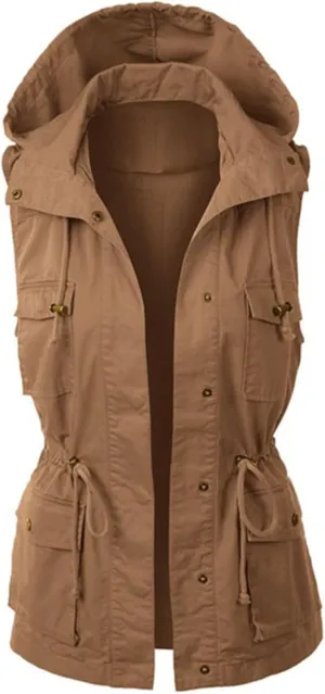 Womens Sleeveless Hooded Vest Anorak Cargo Utility Travel Vacation Military Snap Fashion Vests Pockets