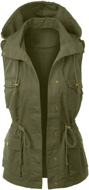 Womens Sleeveless Hooded Vest Anorak Cargo Utility Travel Vacation Military Snap Fashion Vests Pockets