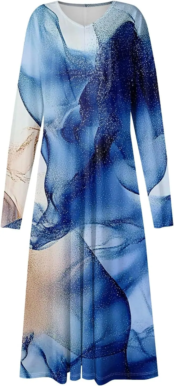 Womens Spring Dresses 2025 Midi V Neck Long Sleeve Tea Length Flowy Work Summer Loose Western Dress