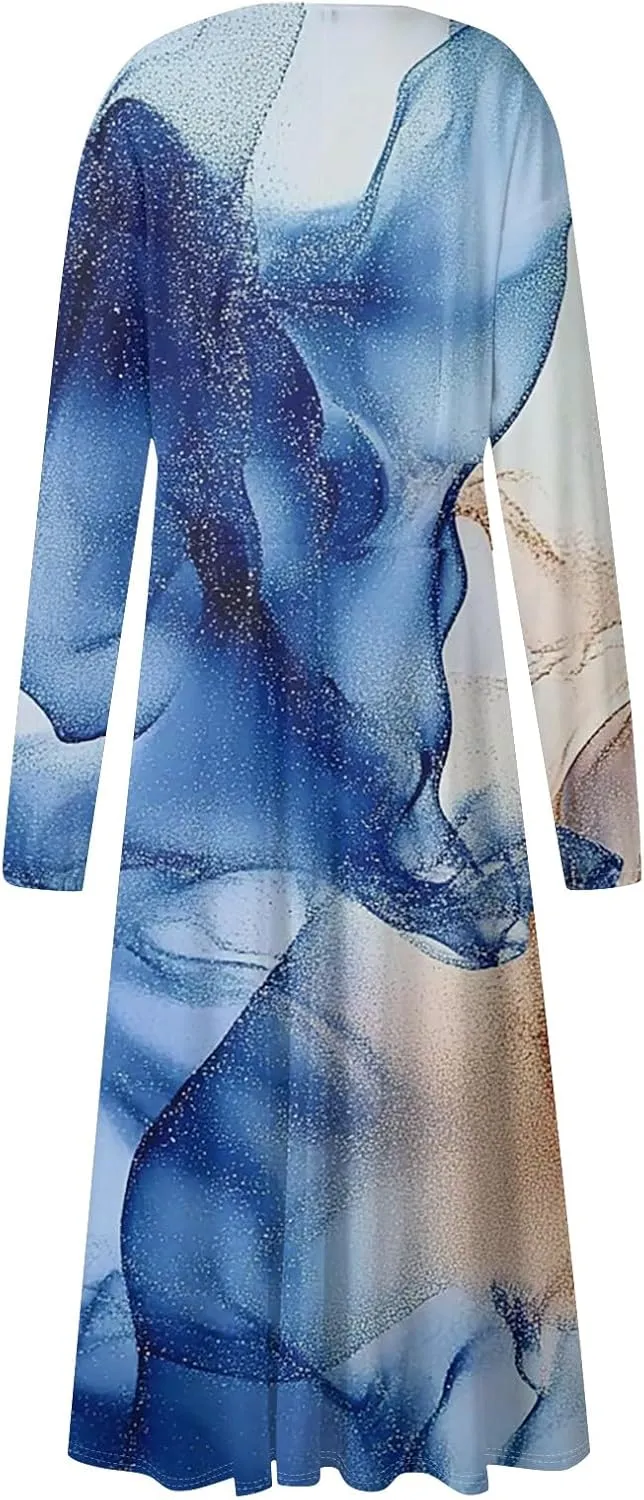 Womens Spring Dresses 2025 Midi V Neck Long Sleeve Tea Length Flowy Work Summer Loose Western Dress