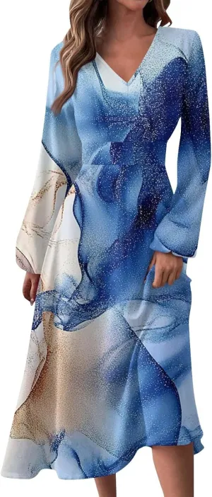 Womens Spring Dresses 2025 Midi V Neck Long Sleeve Tea Length Flowy Work Summer Loose Western Dress