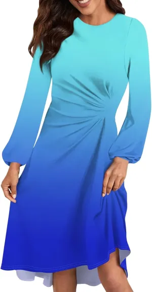 Womens Spring Fashion 2025 Dress Midi O Neck Long Sleeve Elegant Ladies Teens Casual Curvy Dressy Dress