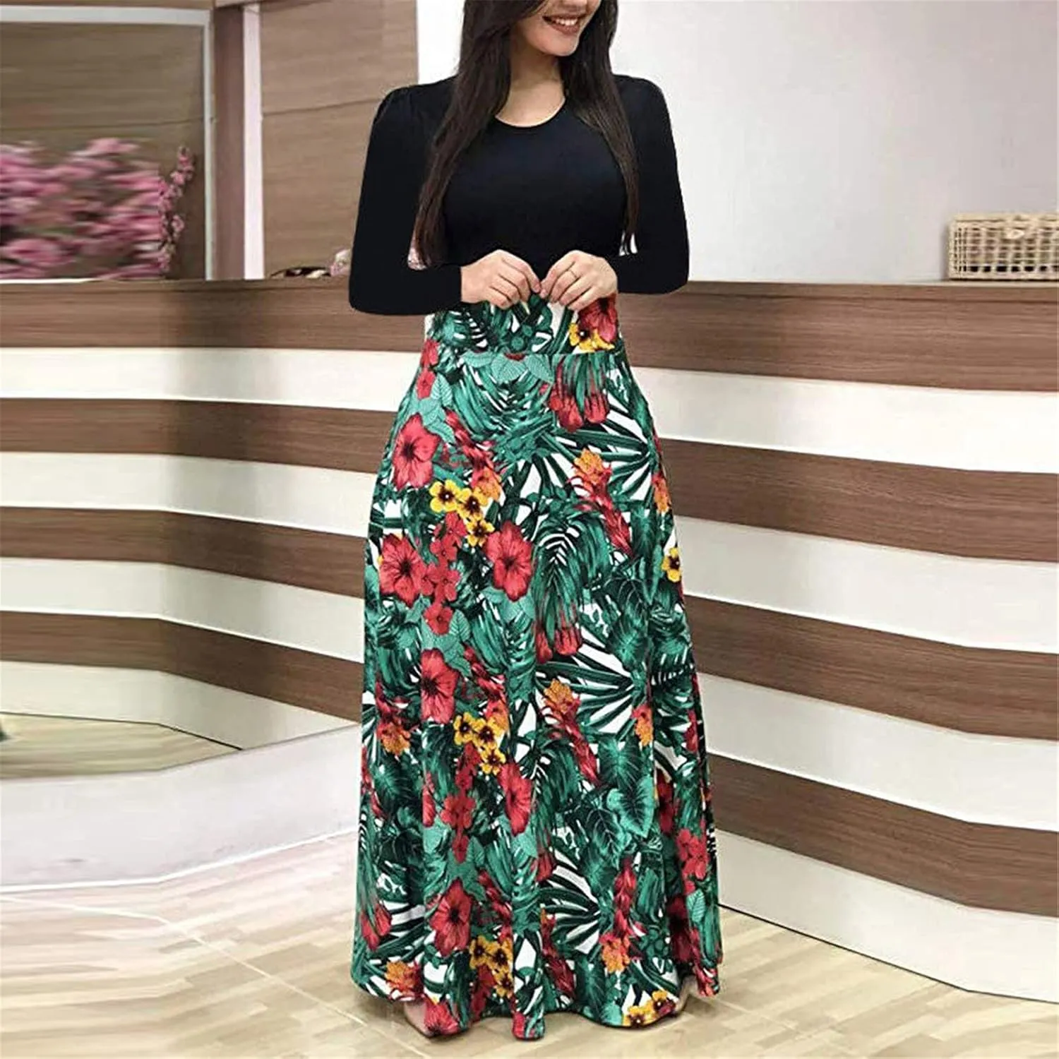 Womens Spring Fashion Slimming Long Sleeve Floral Print Dresses Classy Crewneck Long Dress