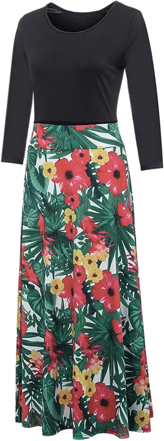 Womens Spring Fashion Slimming Long Sleeve Floral Print Dresses Classy Crewneck Long Dress