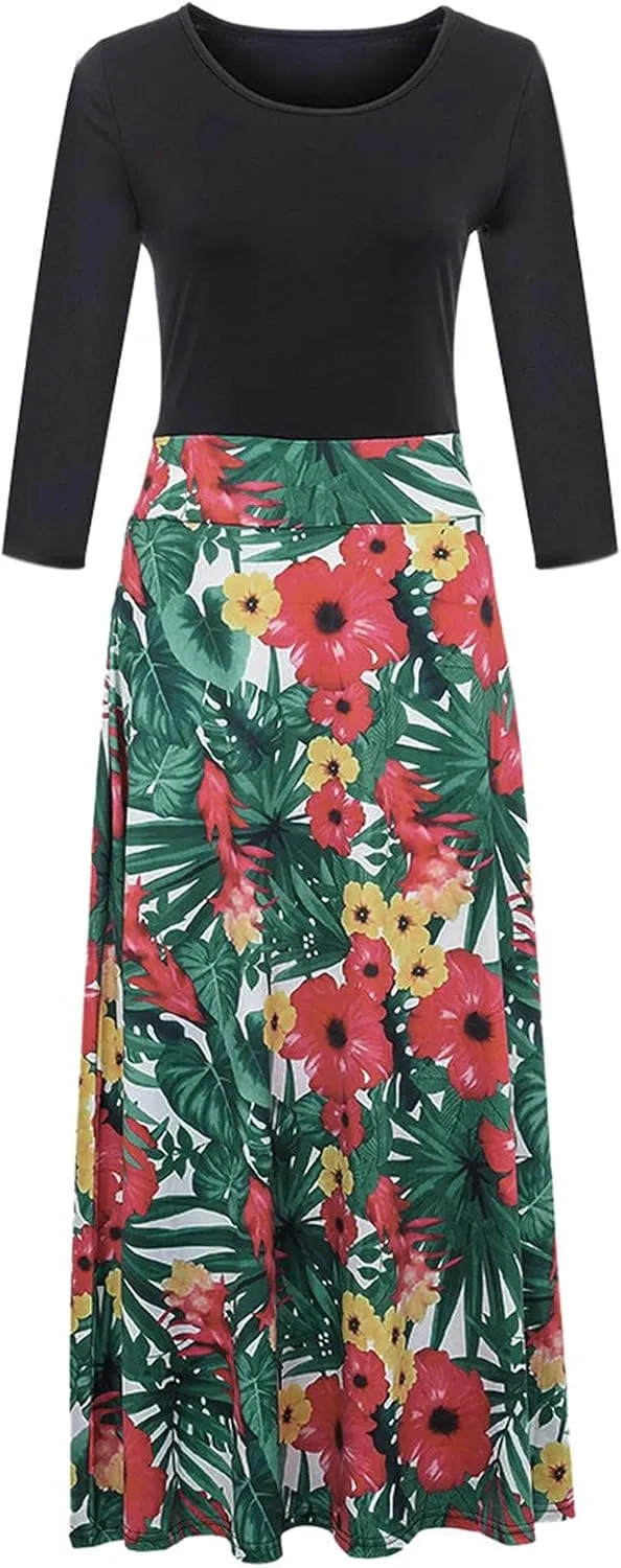 Womens Spring Fashion Slimming Long Sleeve Floral Print Dresses Classy Crewneck Long Dress