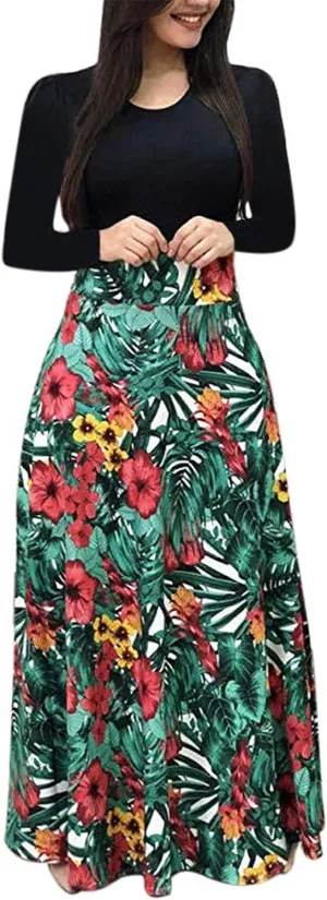 Womens Spring Fashion Slimming Long Sleeve Floral Print Dresses Classy Crewneck Long Dress