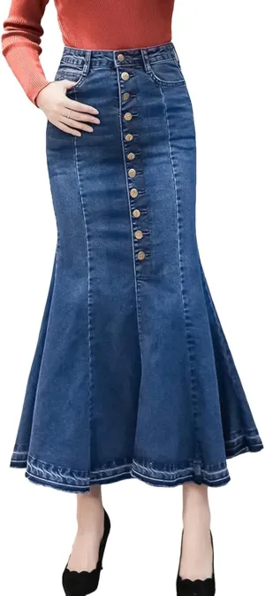 Womens Stretchy Denim Midi Maxi Skirts Casual A-line Slim Fit Fishtail Ruffle Bodycon High Waist Jean Denim Skirt