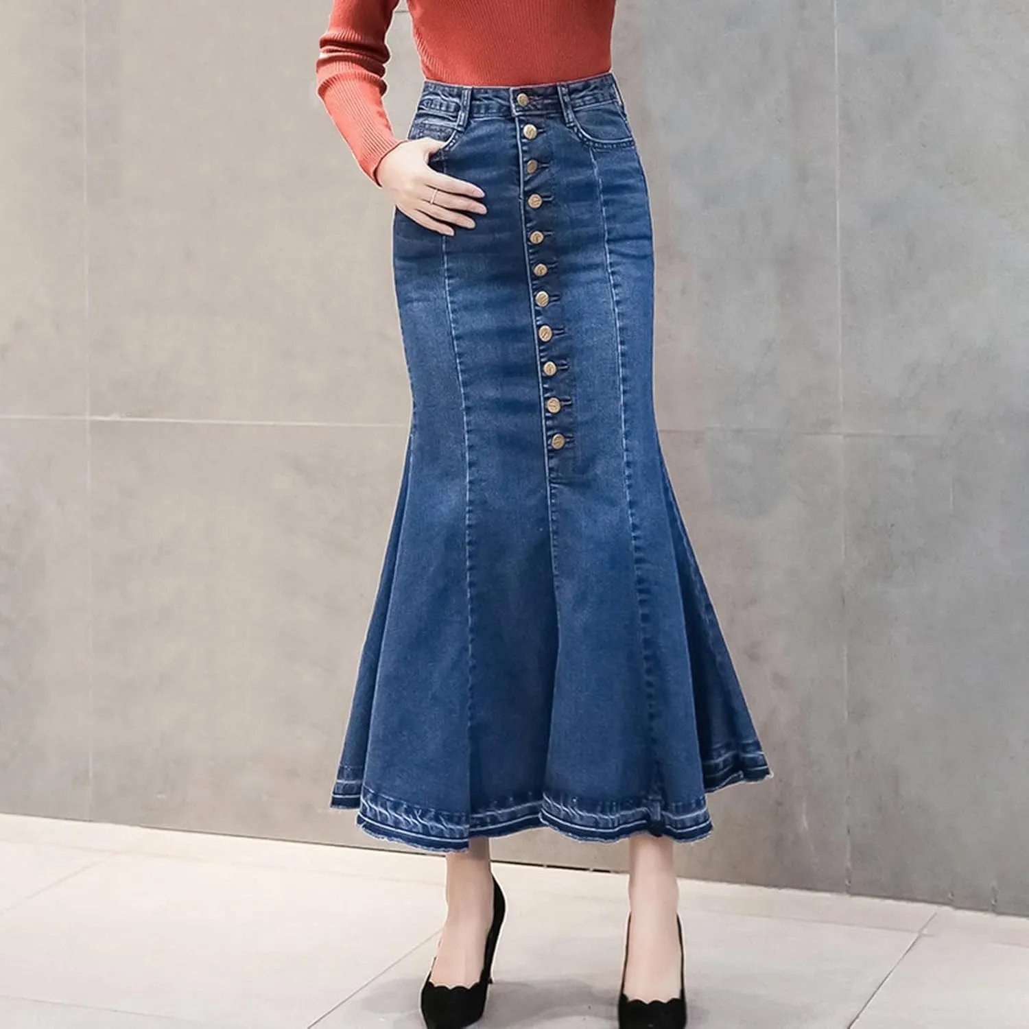 Womens Stretchy Denim Midi Maxi Skirts Casual A-line Slim Fit Fishtail Ruffle Bodycon High Waist Jean Denim Skirt