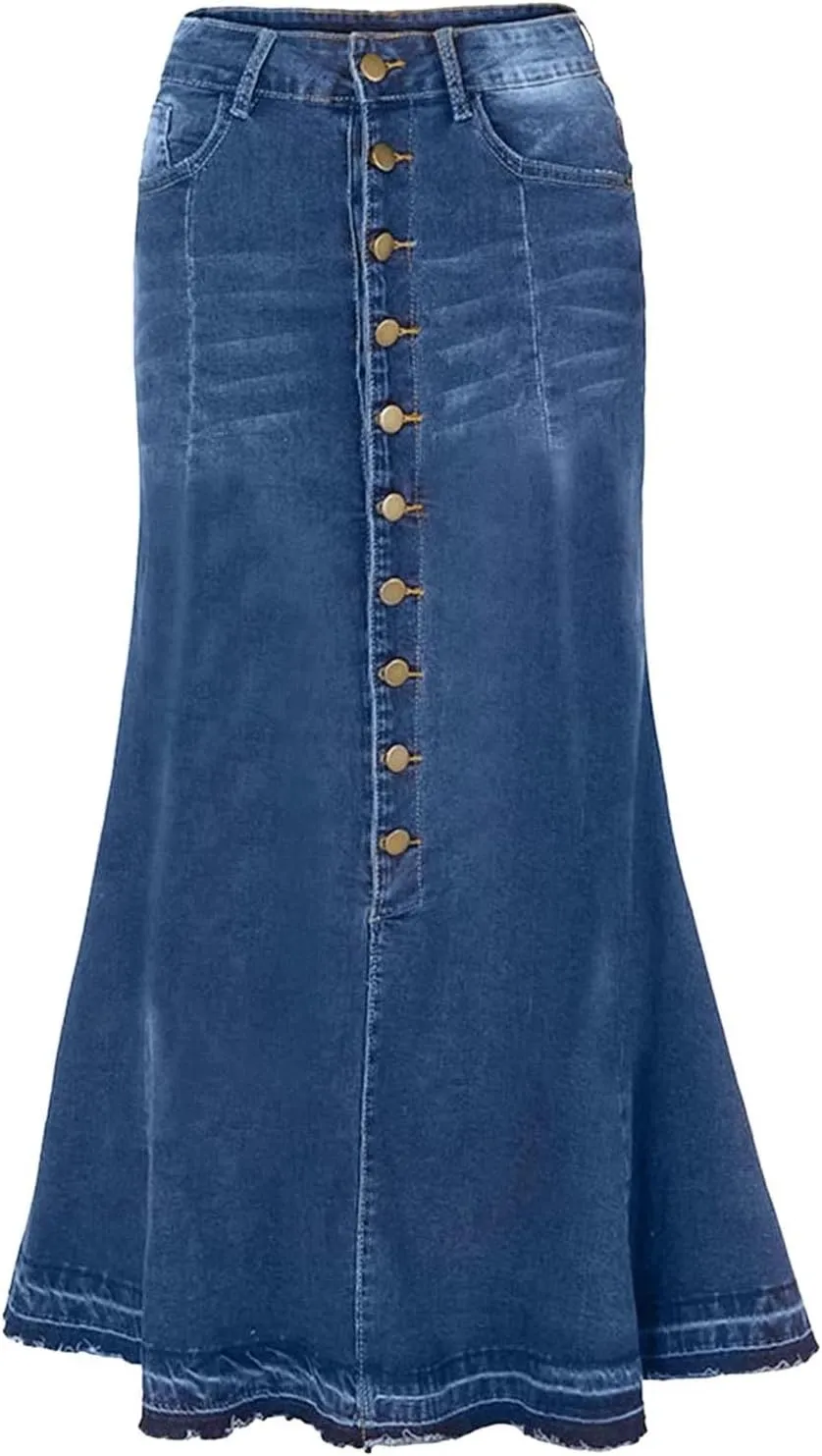 Womens Stretchy Denim Midi Maxi Skirts Casual A-line Slim Fit Fishtail Ruffle Bodycon High Waist Jean Denim Skirt