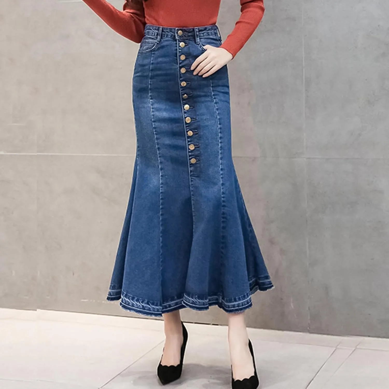 Womens Stretchy Denim Midi Maxi Skirts Casual A-line Slim Fit Fishtail Ruffle Bodycon High Waist Jean Denim Skirt