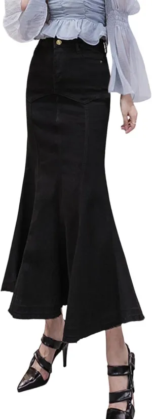 Womens Stretchy Denim Midi Maxi Skirts Casual A-line Slim Fit Fishtail Ruffle Bodycon High Waist Jean Denim Skirt