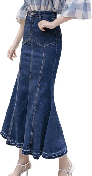 Womens Stretchy Denim Midi Maxi Skirts Casual A-line Slim Fit Fishtail Ruffle Bodycon High Waist Jean Denim Skirt